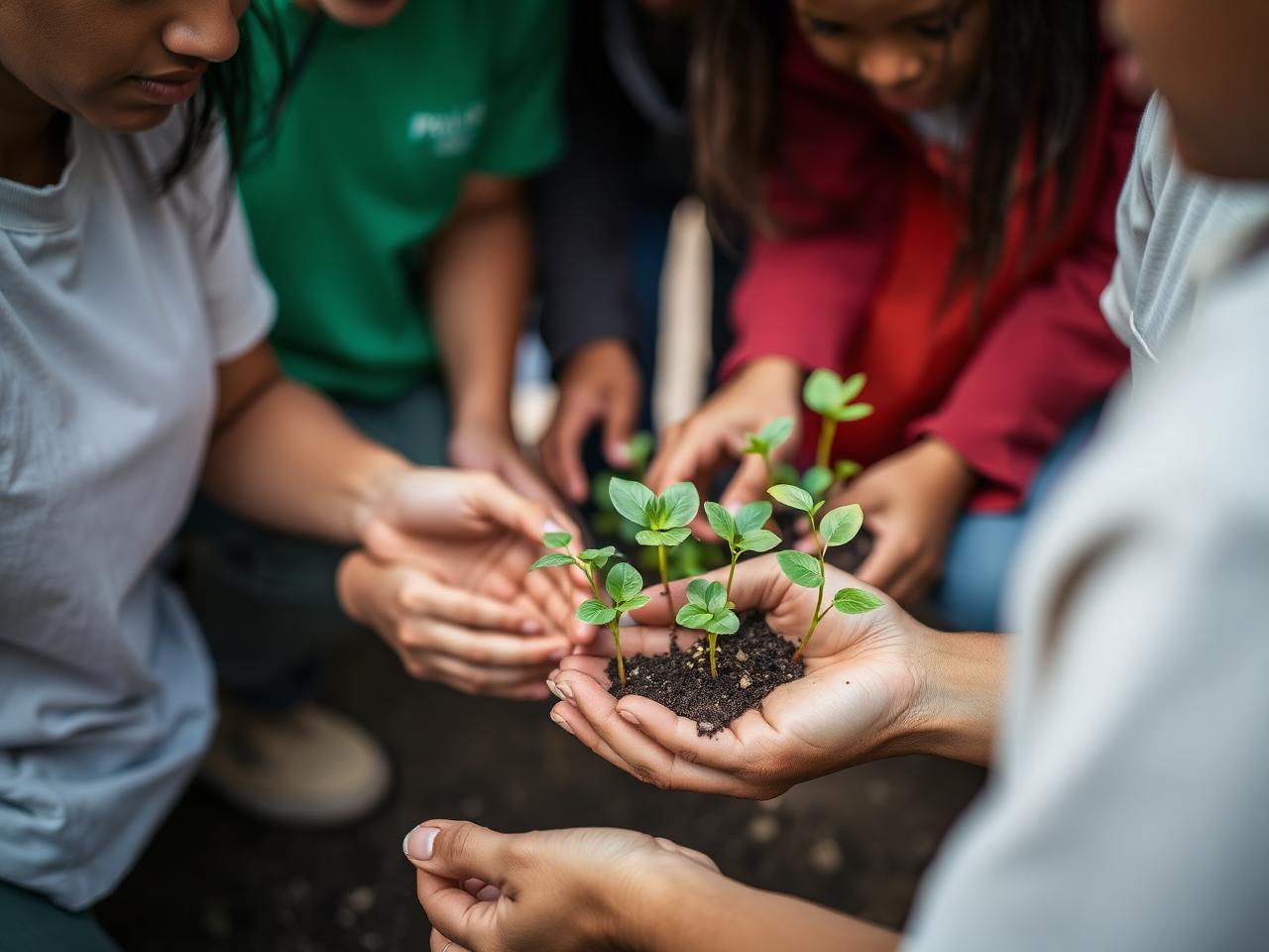 Mãos cuidando de mudas verdes